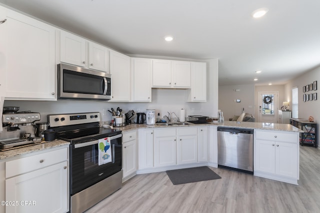 kitchen with stainless steel appliances, a peninsula, a sink, and white cabinetry