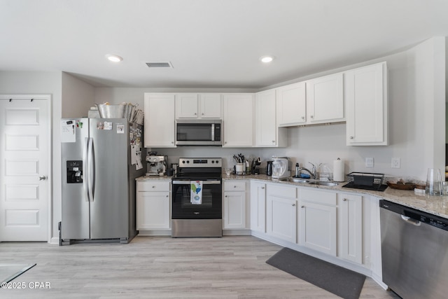 kitchen featuring stainless steel appliances, a sink, visible vents, white cabinetry, and light stone countertops