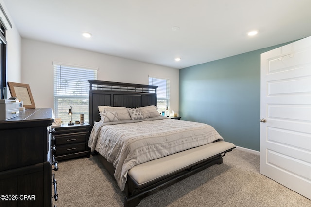 bedroom with carpet, baseboards, and recessed lighting