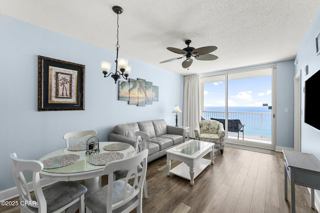 living area featuring a textured ceiling, dark wood-style flooring, a wall of windows, and baseboards