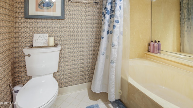 full bathroom featuring baseboards, wallpapered walls, toilet, and tile patterned flooring
