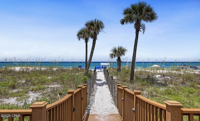 view of water feature with a view of the beach