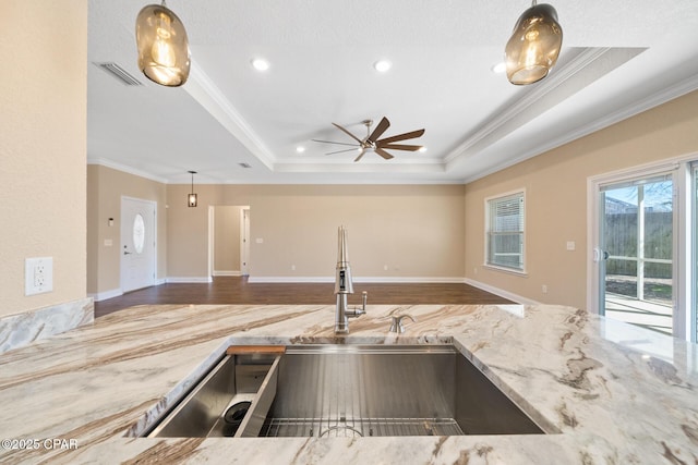 kitchen featuring crown molding, a tray ceiling, a sink, and light stone countertops