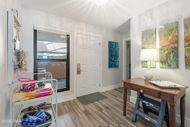 entrance foyer with baseboards and wood finished floors