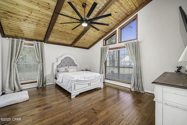 bedroom with wooden ceiling, dark wood-style flooring, a ceiling fan, baseboards, and beam ceiling