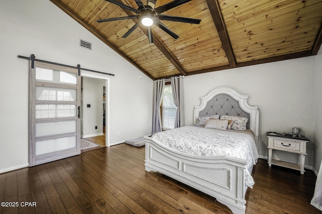 unfurnished bedroom with a barn door, visible vents, baseboards, wooden ceiling, and dark wood-type flooring