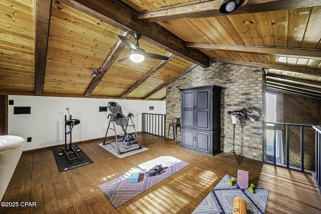 workout room with lofted ceiling, visible vents, dark wood-type flooring, a ceiling fan, and wood ceiling