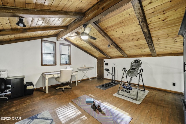 workout area featuring lofted ceiling, wood ceiling, dark wood finished floors, and a ceiling fan