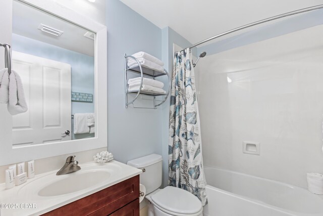 bathroom with visible vents, shower / bath combination with curtain, toilet, and vanity