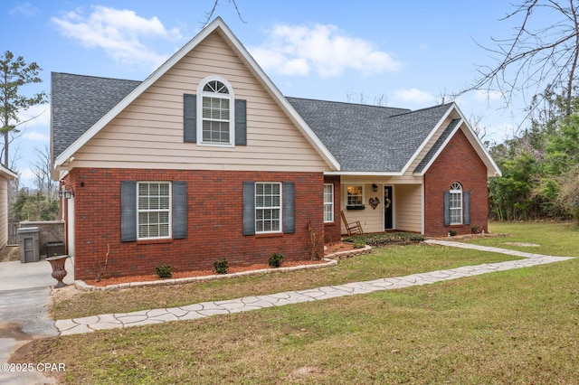 traditional-style house featuring a shingled roof, a front yard, and brick siding