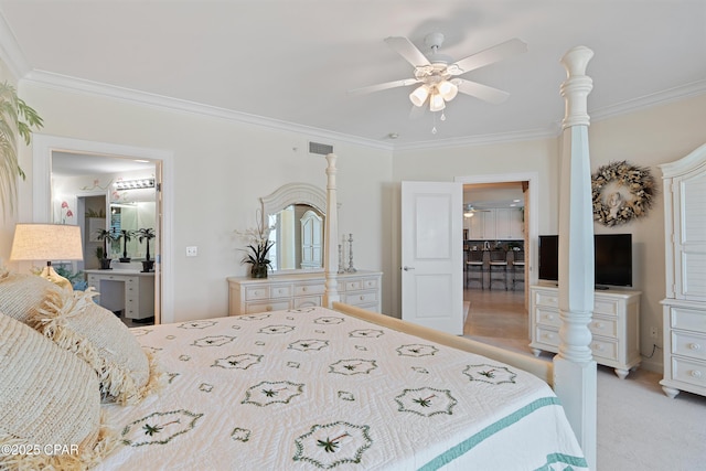 bedroom featuring ornamental molding, light colored carpet, visible vents, and a ceiling fan