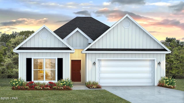 modern farmhouse featuring a shingled roof, a lawn, board and batten siding, a garage, and driveway