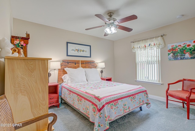 bedroom featuring carpet, ceiling fan, and baseboards