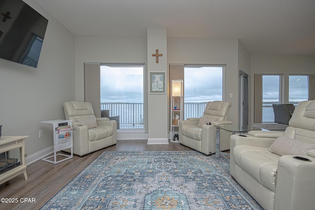 living room with plenty of natural light, baseboards, and wood finished floors