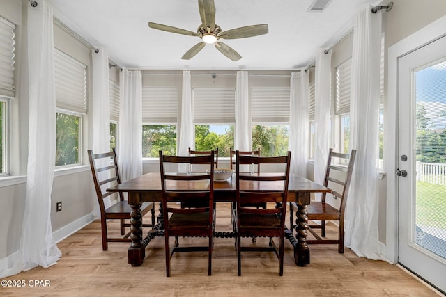 sunroom / solarium featuring a ceiling fan, visible vents, and a healthy amount of sunlight