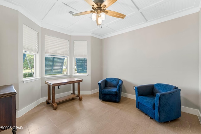 living area with coffered ceiling, ceiling fan, visible vents, and baseboards