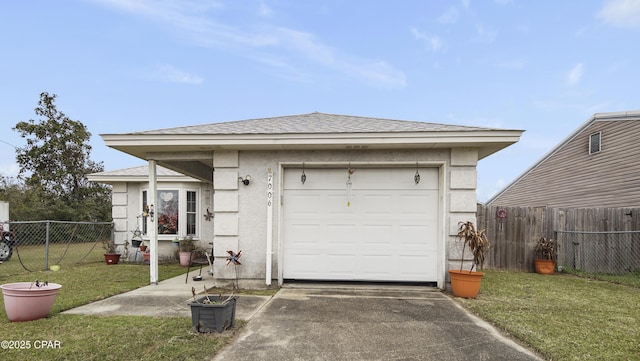 view of front of house featuring a garage, fence, concrete driveway, stucco siding, and a front lawn