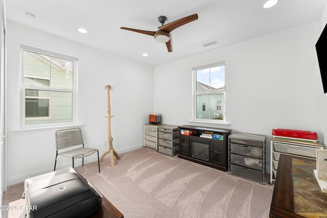 sitting room with ceiling fan, visible vents, carpet floors, baseboards, and recessed lighting
