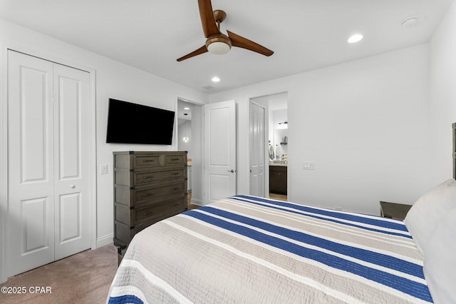 carpeted bedroom featuring recessed lighting, ceiling fan, and a closet