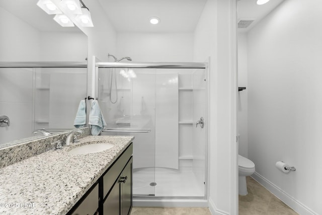 bathroom with vanity, tile patterned floors, toilet, and a shower stall