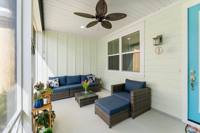 view of patio / terrace with an outdoor living space and a ceiling fan