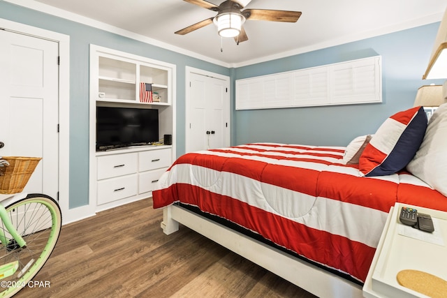 bedroom with ceiling fan, wood finished floors, and crown molding