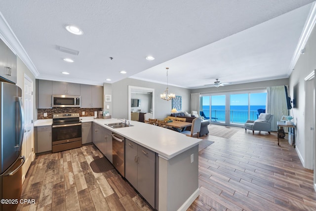 kitchen with a peninsula, ornamental molding, gray cabinets, appliances with stainless steel finishes, and a sink