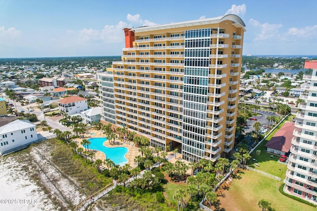 view of building exterior with a water view