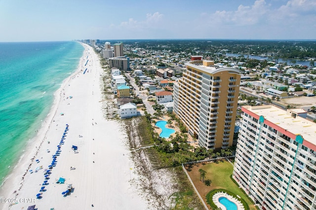 bird's eye view featuring a city view, a beach view, and a water view