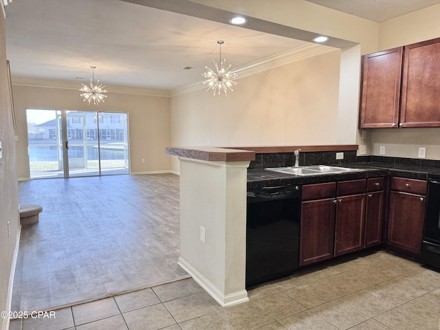 kitchen featuring crown molding, open floor plan, a sink, a chandelier, and dishwasher