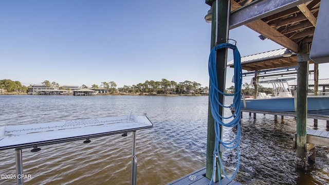 dock area featuring a water view and boat lift