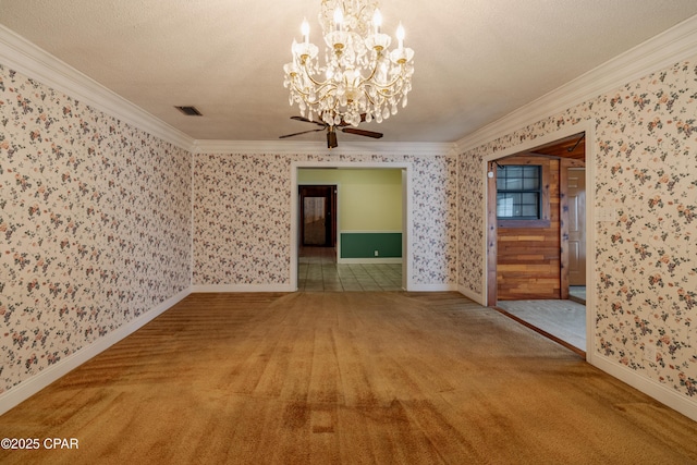 unfurnished dining area with wallpapered walls, crown molding, and carpet flooring