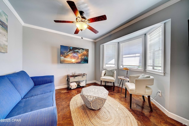 living room featuring a ceiling fan, crown molding, and baseboards