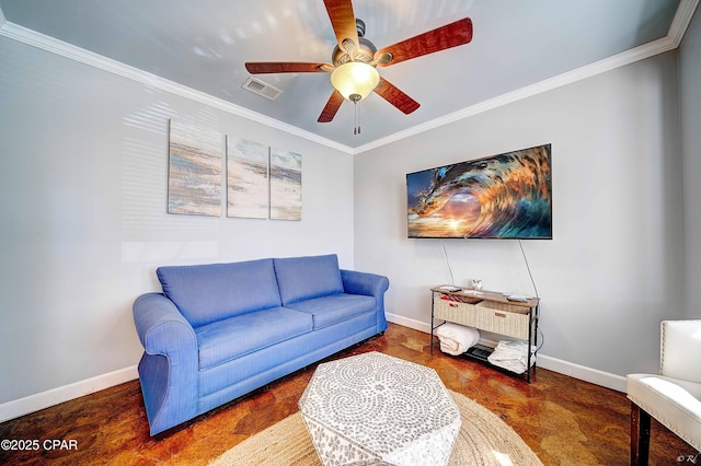 living room with ornamental molding, visible vents, ceiling fan, and baseboards