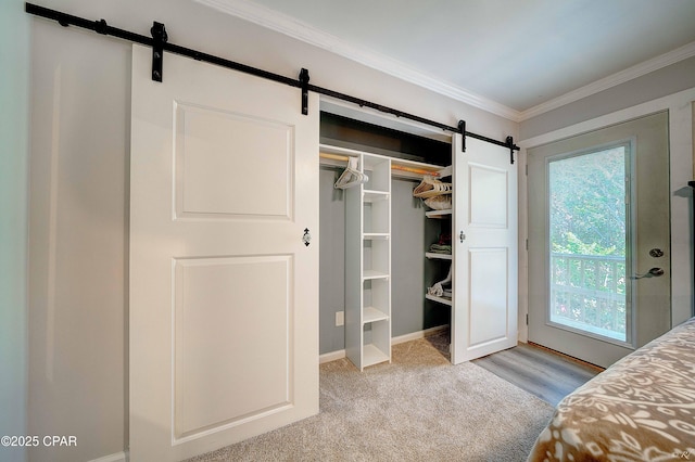 unfurnished bedroom featuring a barn door, a closet, and crown molding