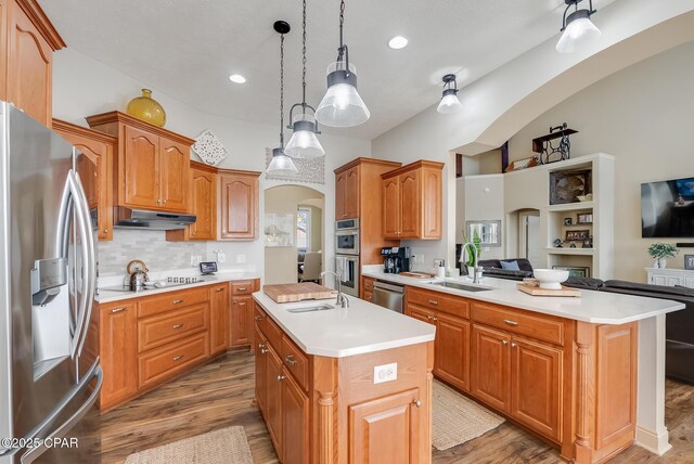 kitchen featuring a center island with sink, arched walkways, appliances with stainless steel finishes, under cabinet range hood, and a sink