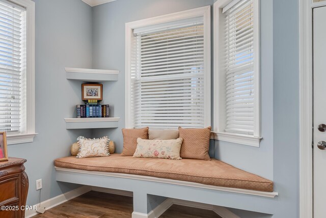 living area with baseboards and wood finished floors