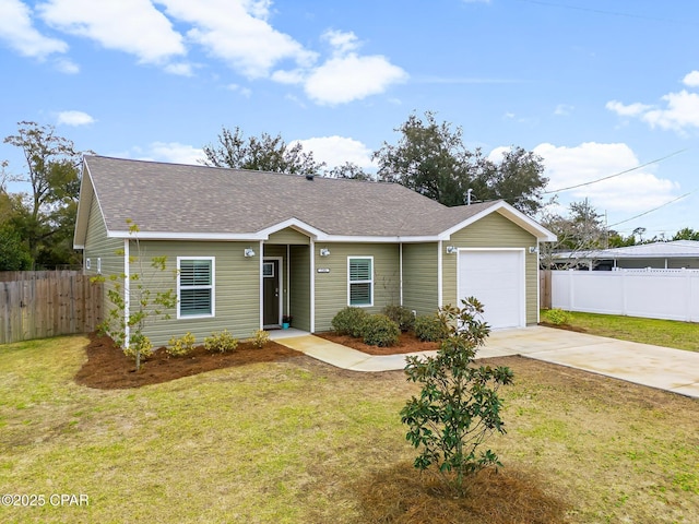 ranch-style home with a garage, concrete driveway, a front yard, and fence