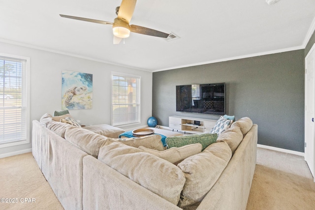3368 Bevia Rd, Marianna, FL 32446 - living area with ornamental molding, light carpet, baseboards, and a ceiling fan