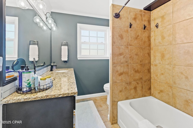 full bathroom featuring toilet, vanity, baseboards, tile patterned floors, and crown molding