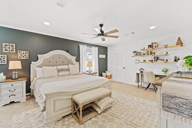 bedroom with recessed lighting, visible vents, ornamental molding, light carpet, and baseboards