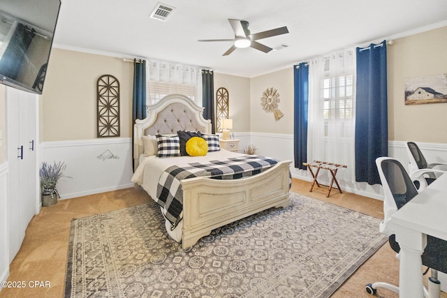 3368 Bevia Rd, Marianna, FL 32446 - bedroom featuring light carpet, crown molding, and ceiling fan