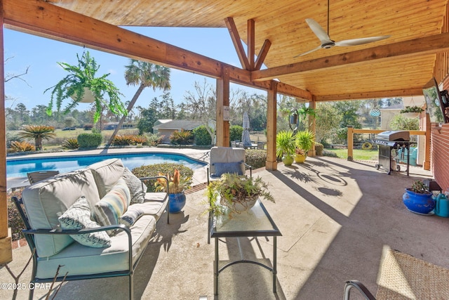 view of patio featuring an outdoor pool, ceiling fan, a grill, and an outdoor living space