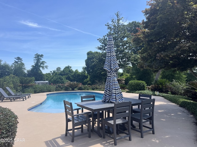 3368 Bevia Rd, Marianna, FL 32446 - outdoor pool with a patio, outdoor dining space, and view of wooded area