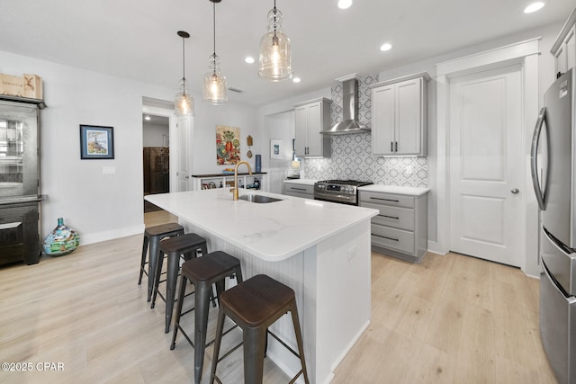 kitchen with a kitchen island with sink, a sink, wall chimney range hood, appliances with stainless steel finishes, and tasteful backsplash