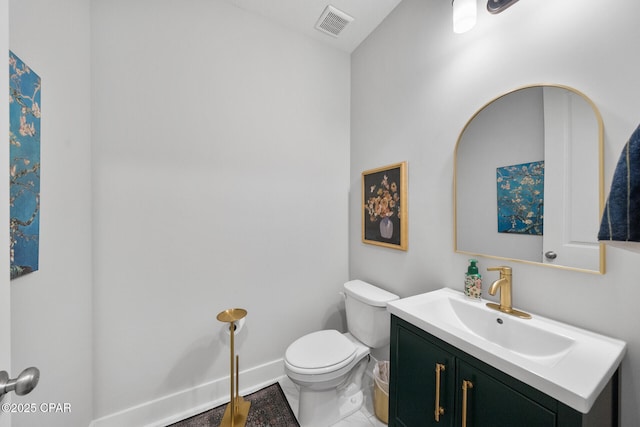 half bath with toilet, baseboards, visible vents, and vanity