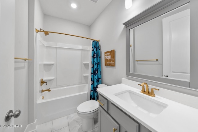 full bath with toilet, marble finish floor, shower / bathtub combination with curtain, and vanity