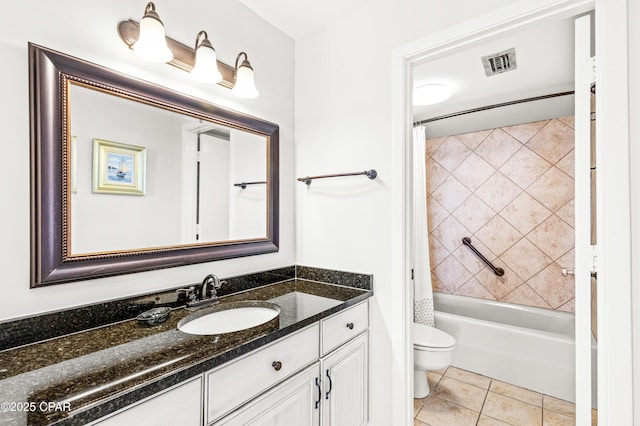 bathroom with visible vents, toilet, tile patterned flooring, shower / bathtub combination with curtain, and vanity