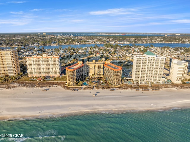 bird's eye view featuring a water view and a city view