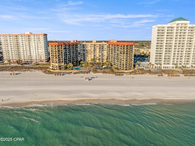 aerial view with a view of city, a beach view, and a water view